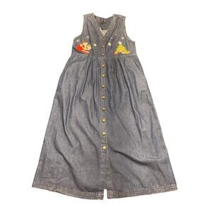 Vintage Christmas Holiday Party Dress Denim Embroidered Santa Tree Sz Petite Med